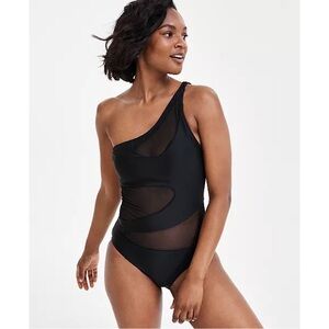 Bar III One-Shoulder Mesh Cutout Swimsuit Black MEDIUM‎